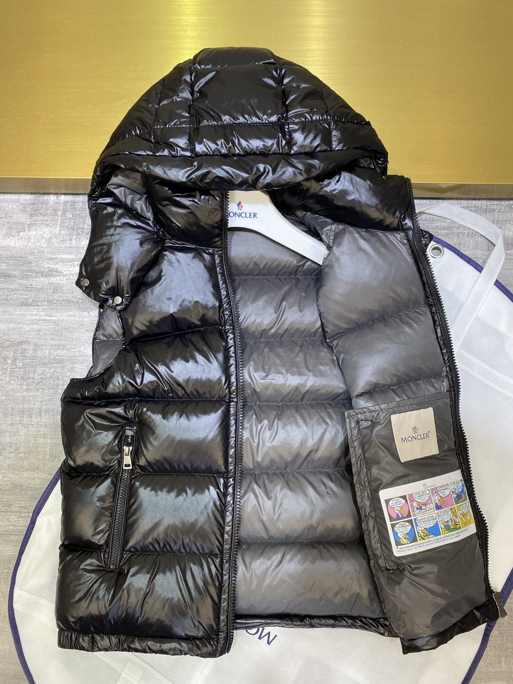 Moncler Hooded Glossy Puffer Down Vest — hang_tag