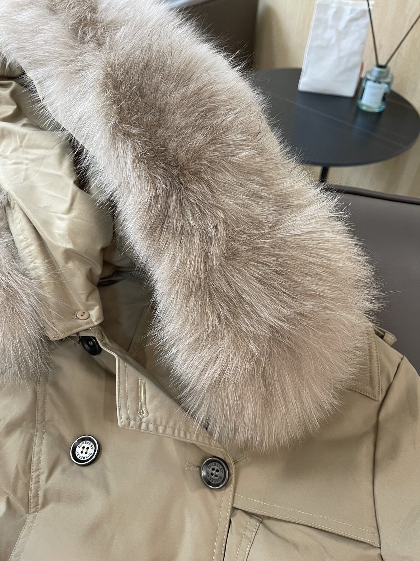 Burberry Fur-Trim Hooded Long Down Jacket — detail