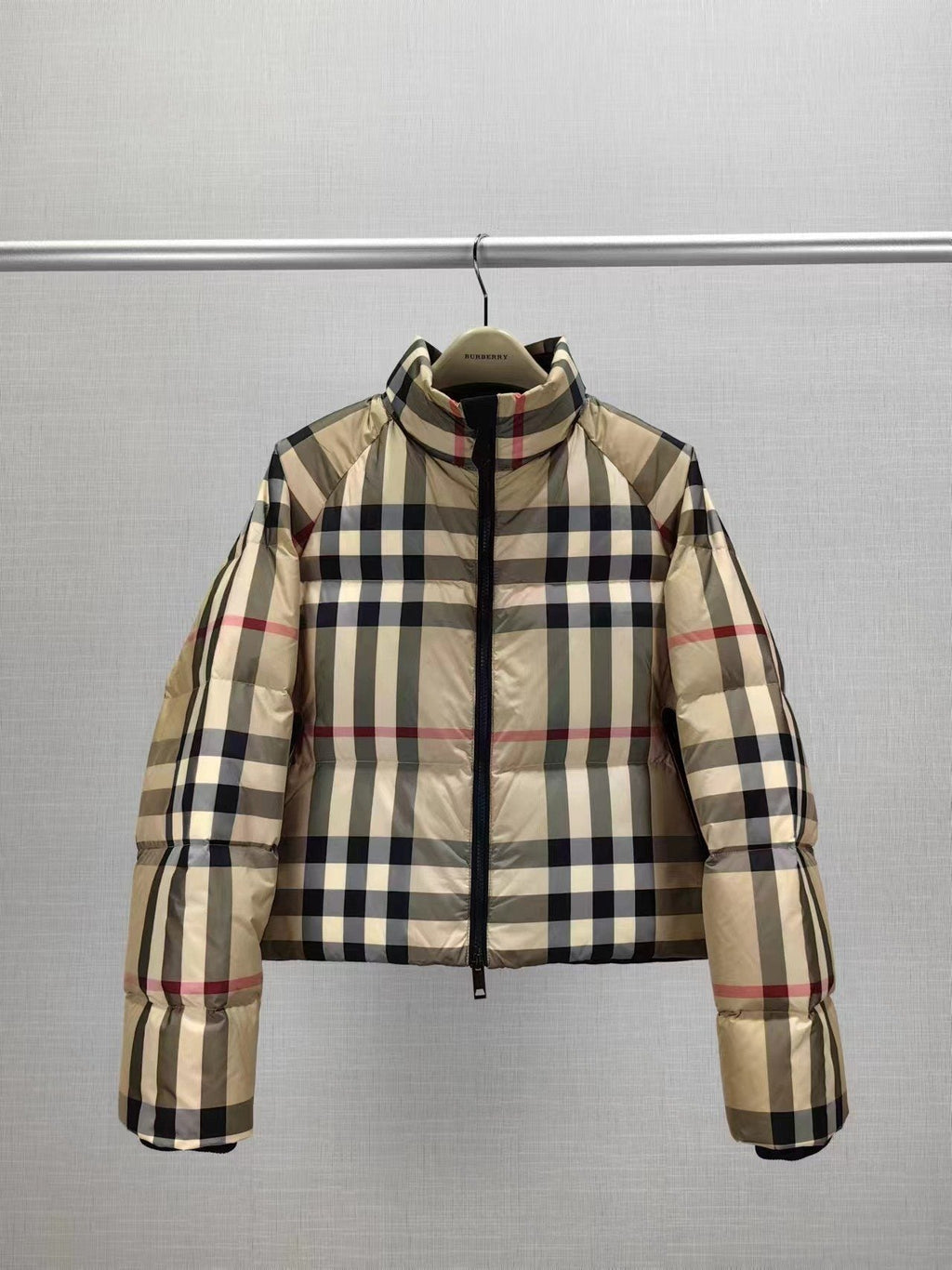 Burberry Beige and Navy Check Short Puffer Jacket — hero