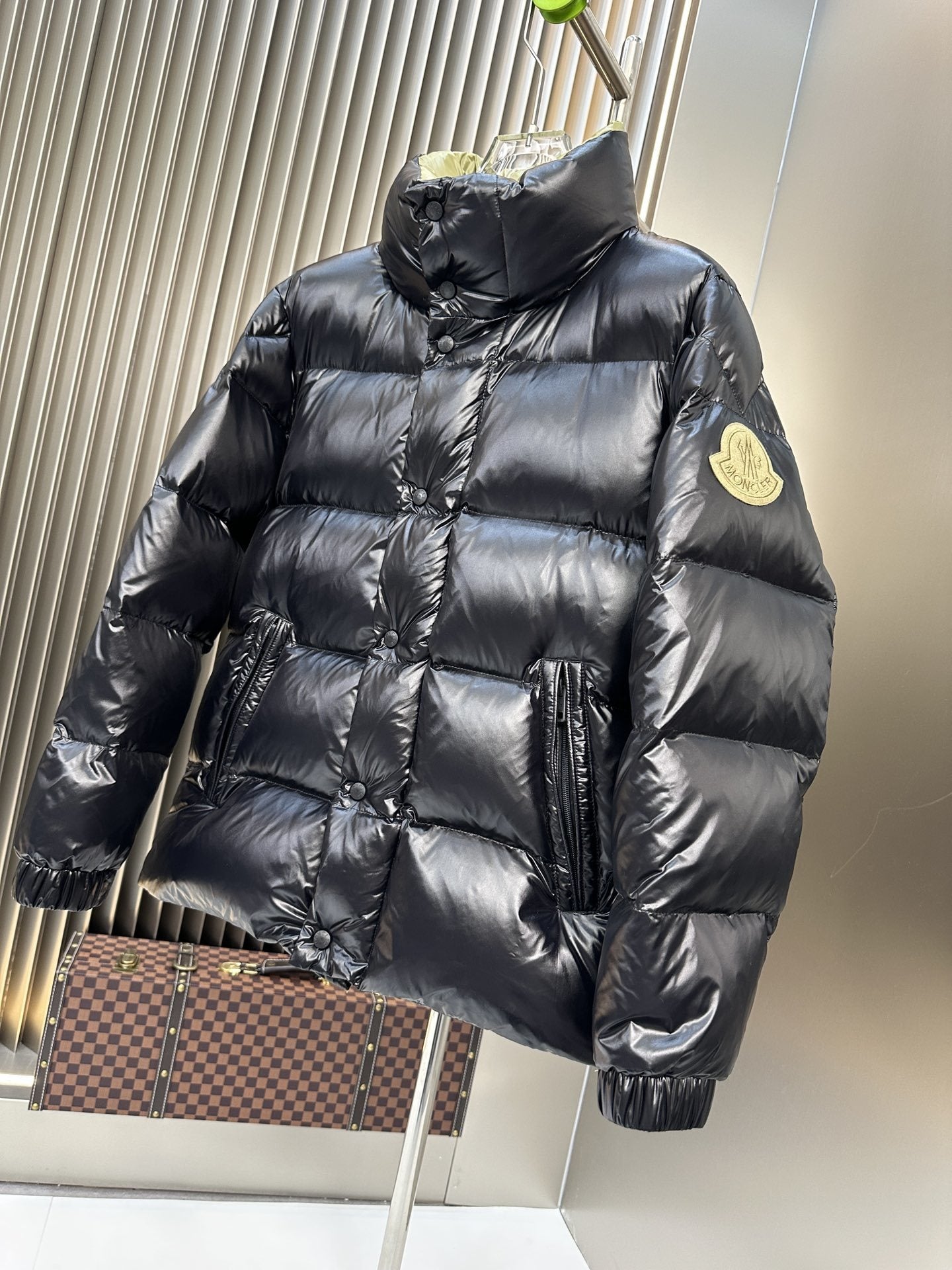 Moncler Black Glossy Quilted Puffer Coat — hero