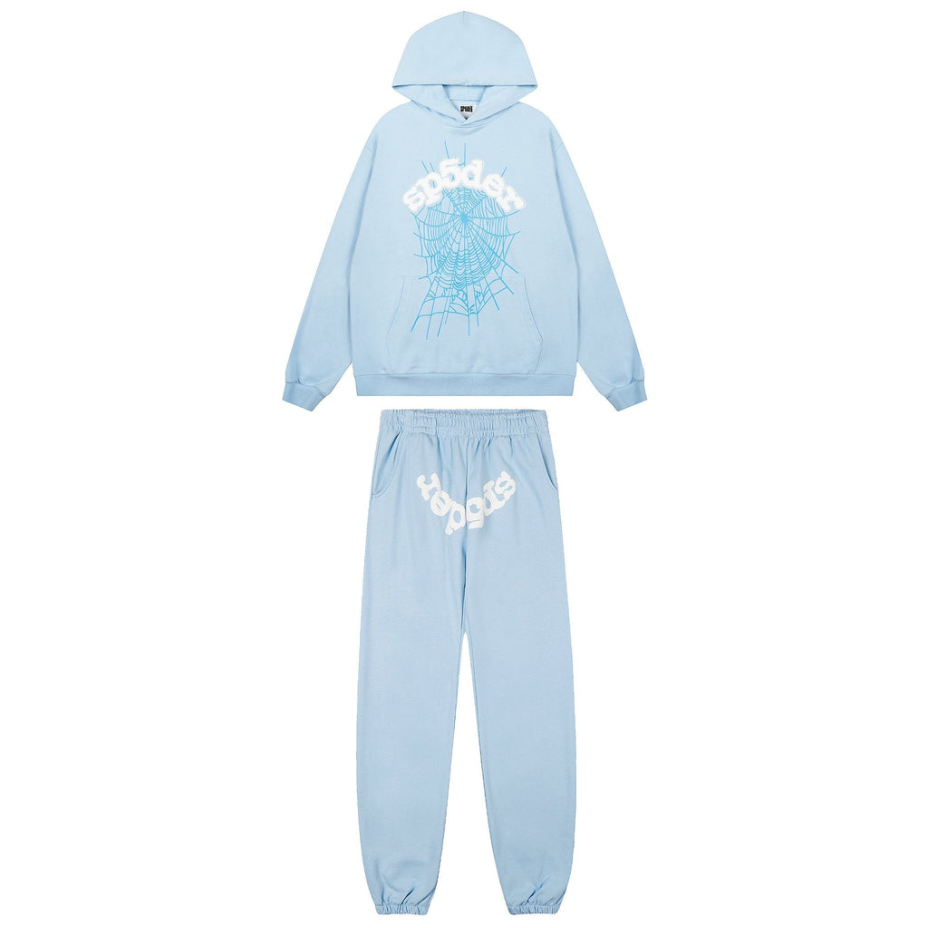 Sp5der Light Blue Spiderweb Hoodie & Sweatpants Matching Set — hero