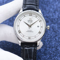 OMEGA Silver Black Dial Leather Strap Watch — hero