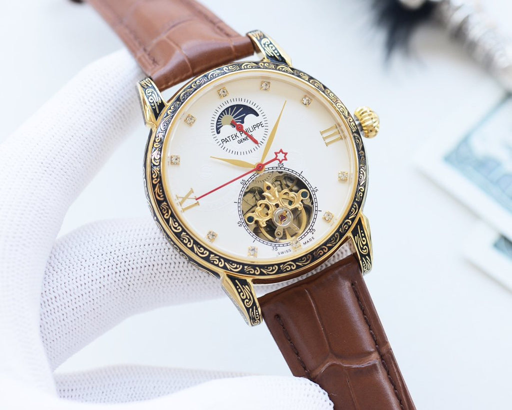 Patek Philippe Brown Gold Dial Leather Strap Watch — hero