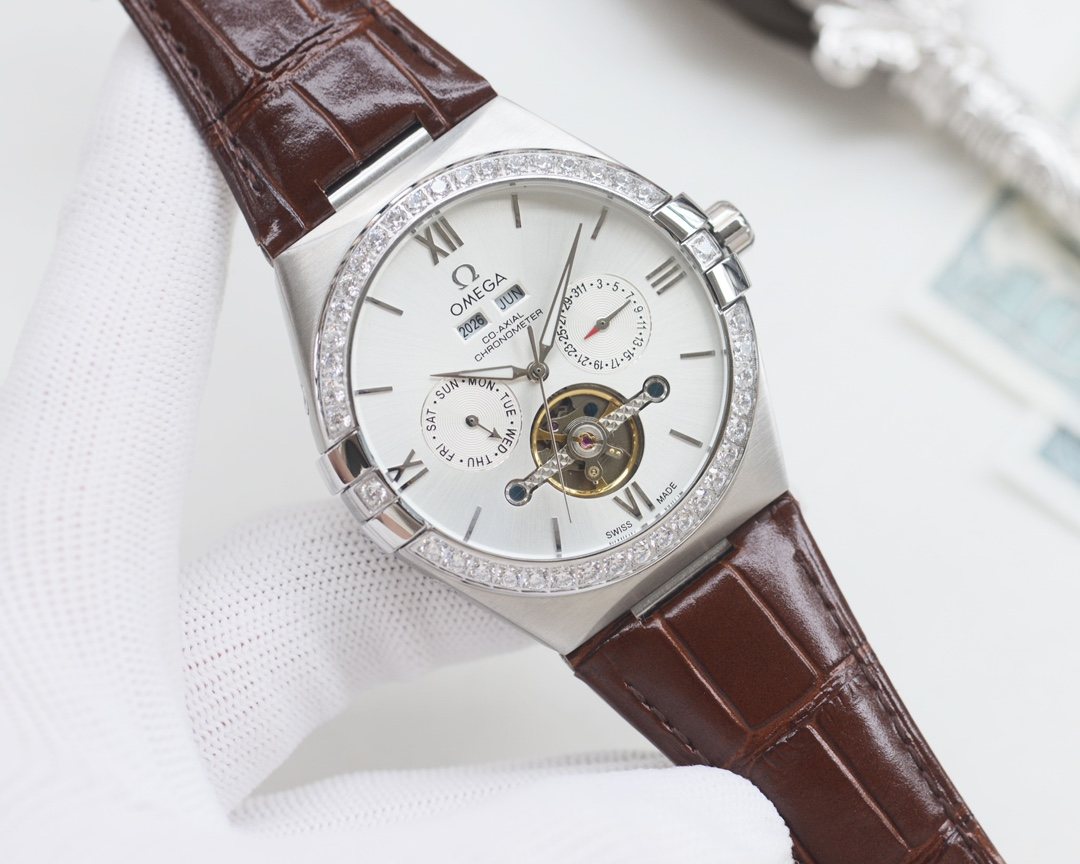 Omega Silver Brown White Dial Strap Watch — hero