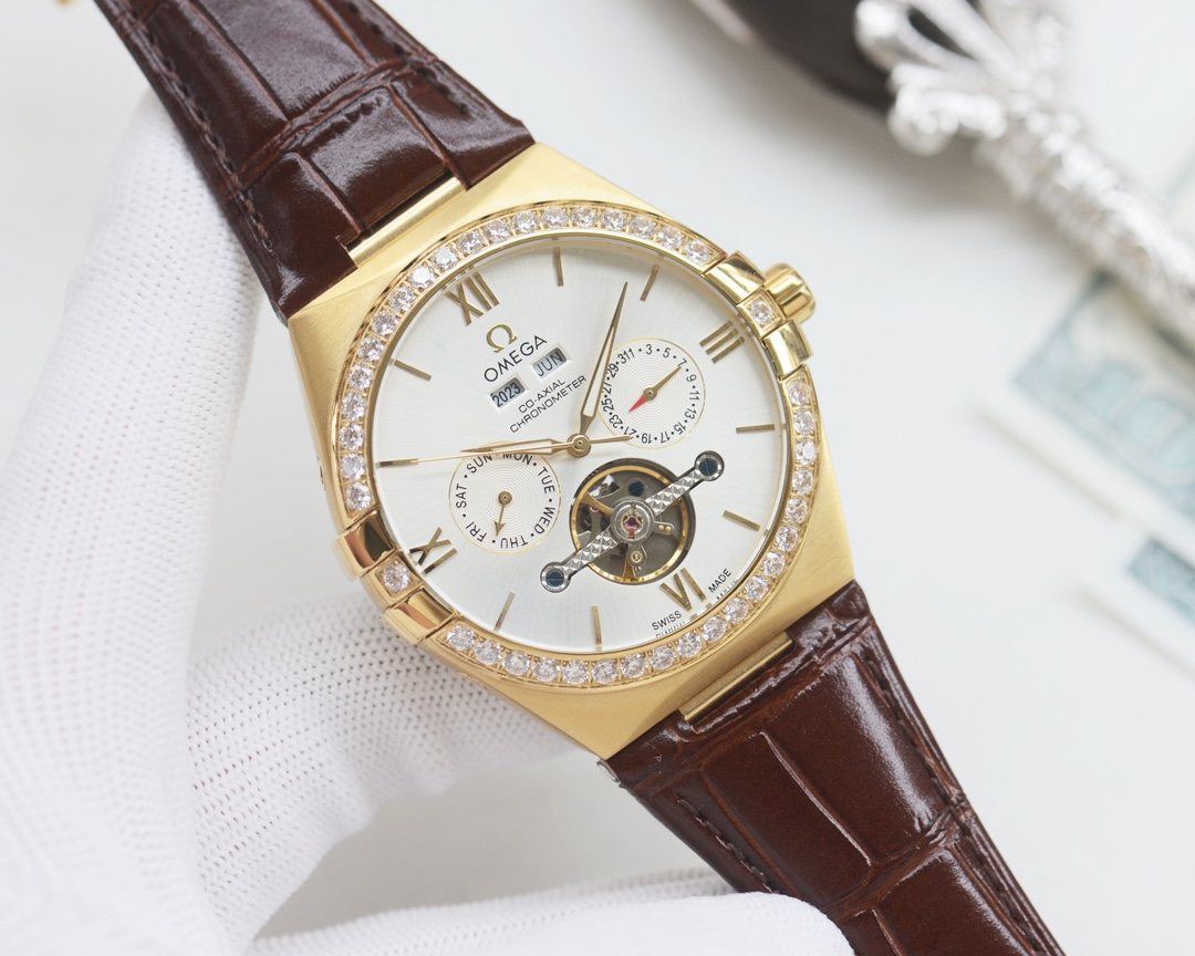 Omega Brown Gold Dial Strap Watch — hero