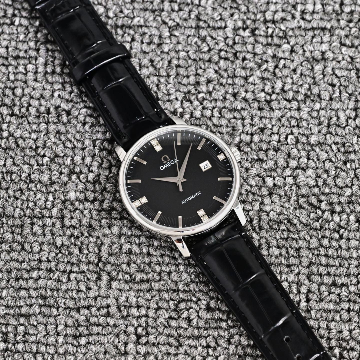 Omega Black Silver Dial Leather Strap Watch — front