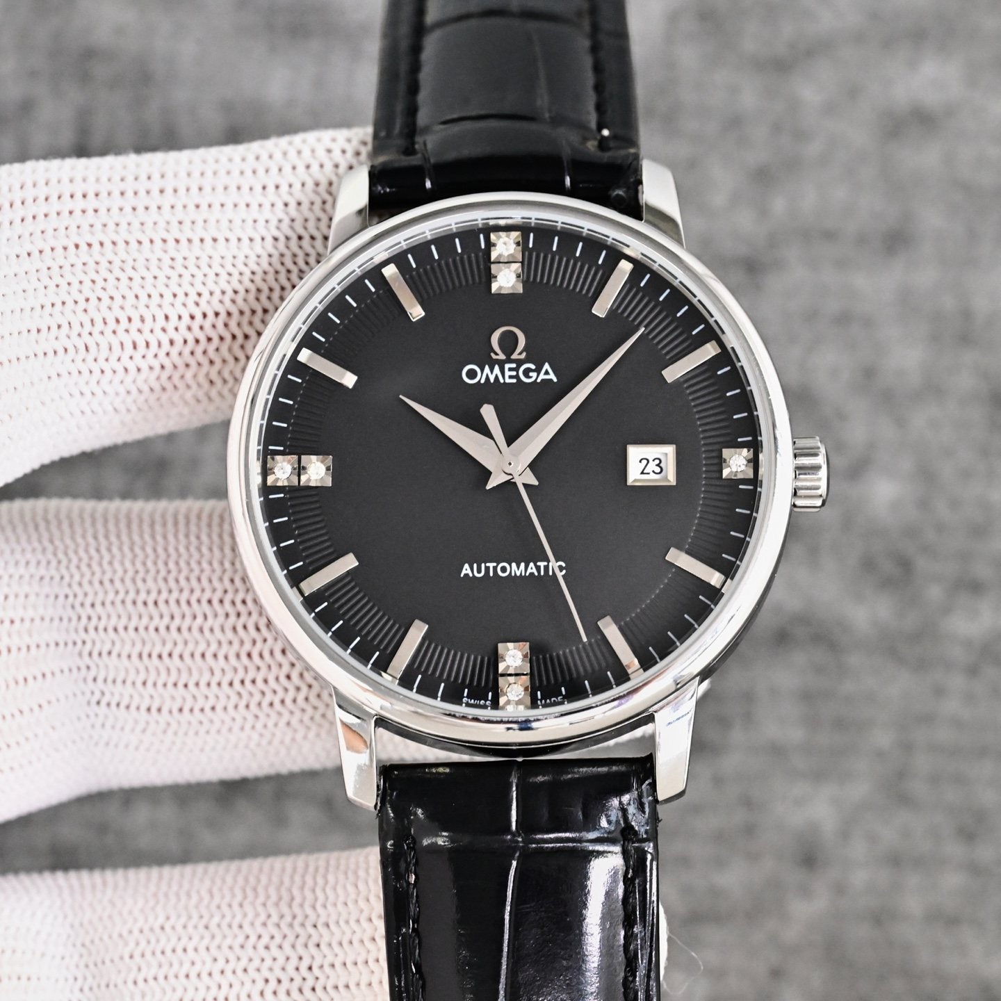 Omega Black Silver Dial Leather Strap Watch — front