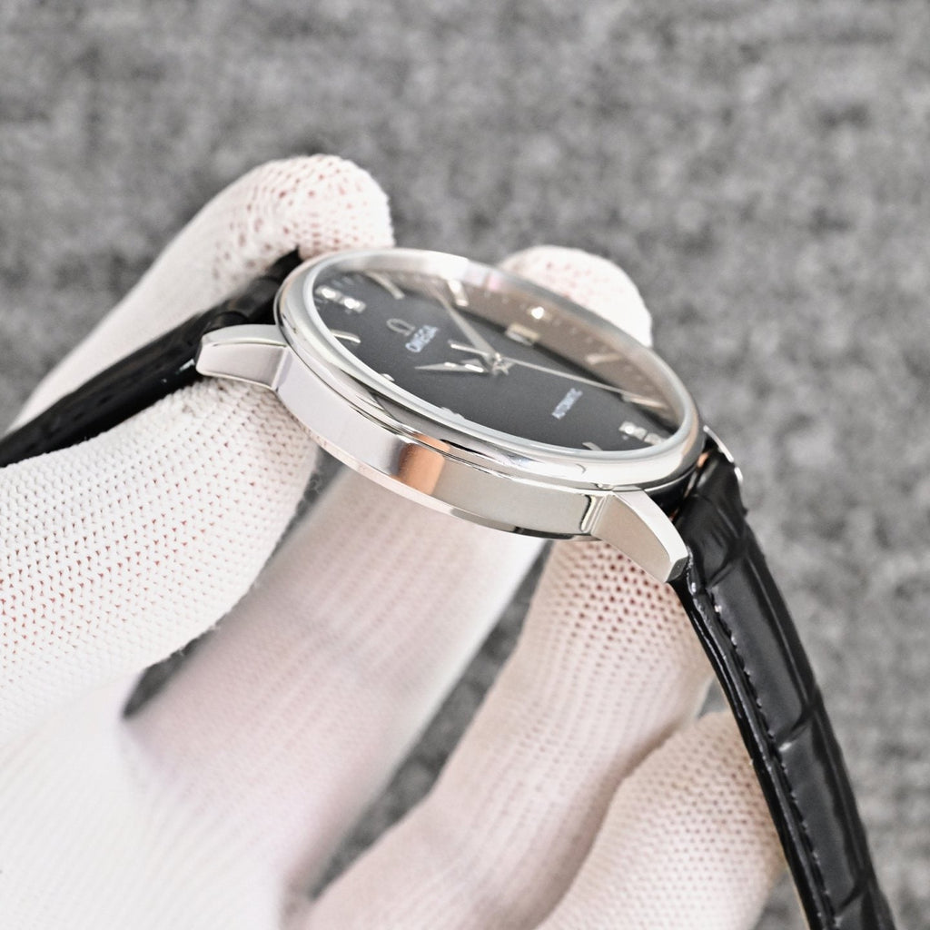 Omega Black Silver Dial Leather Strap Watch — side