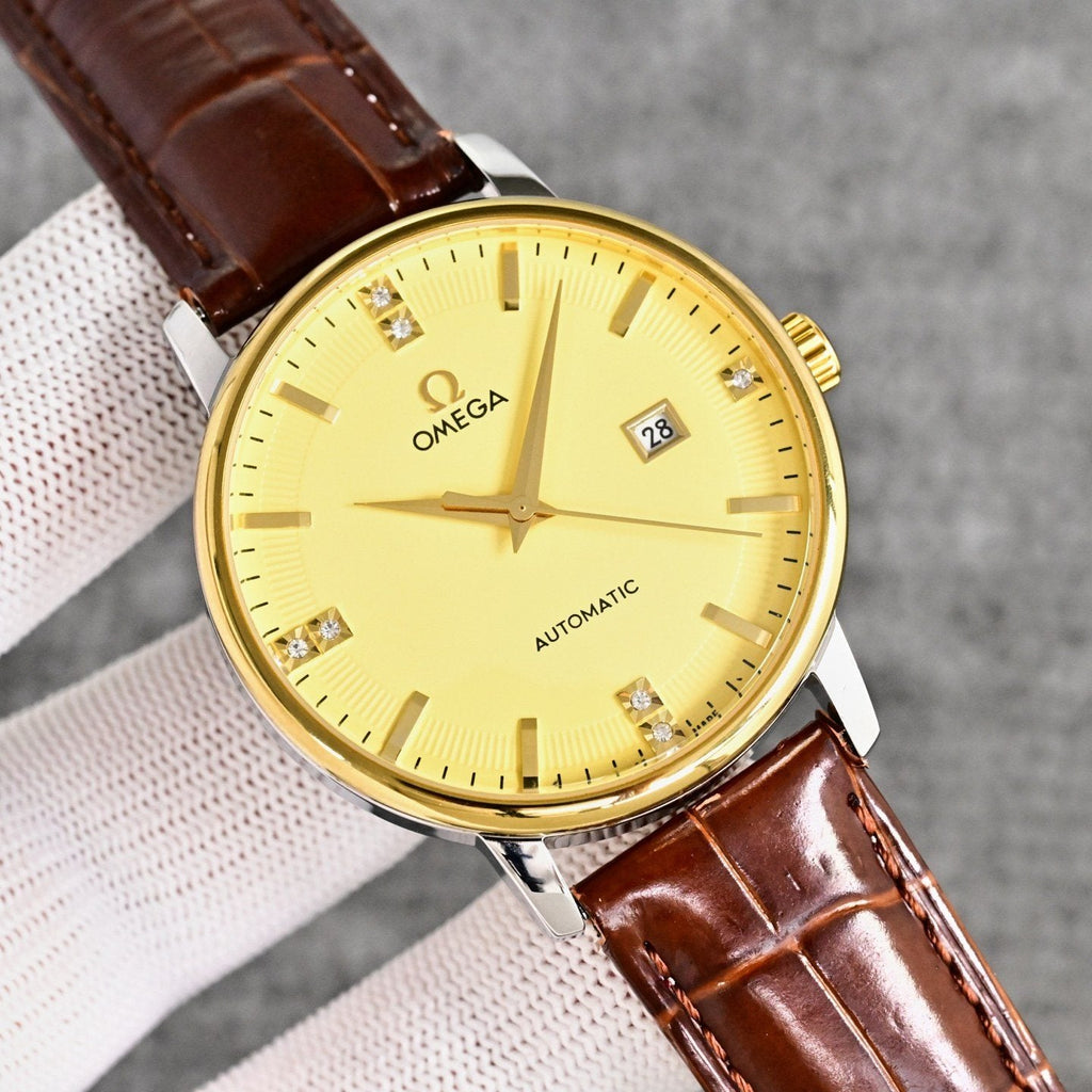 Omega Brown Gold Leather Strap Watch — hero