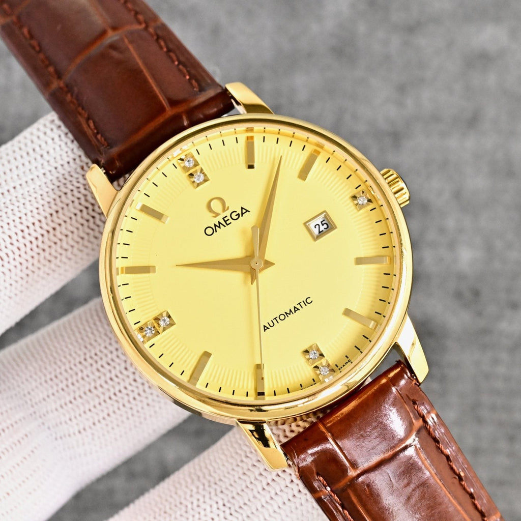 Omega Brown Gold Leather Strap Watch — front