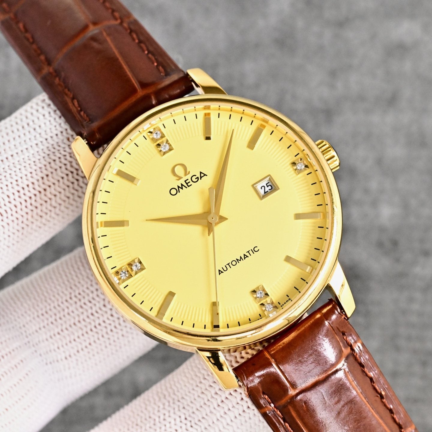 Omega Brown Gold Leather Strap Watch — front