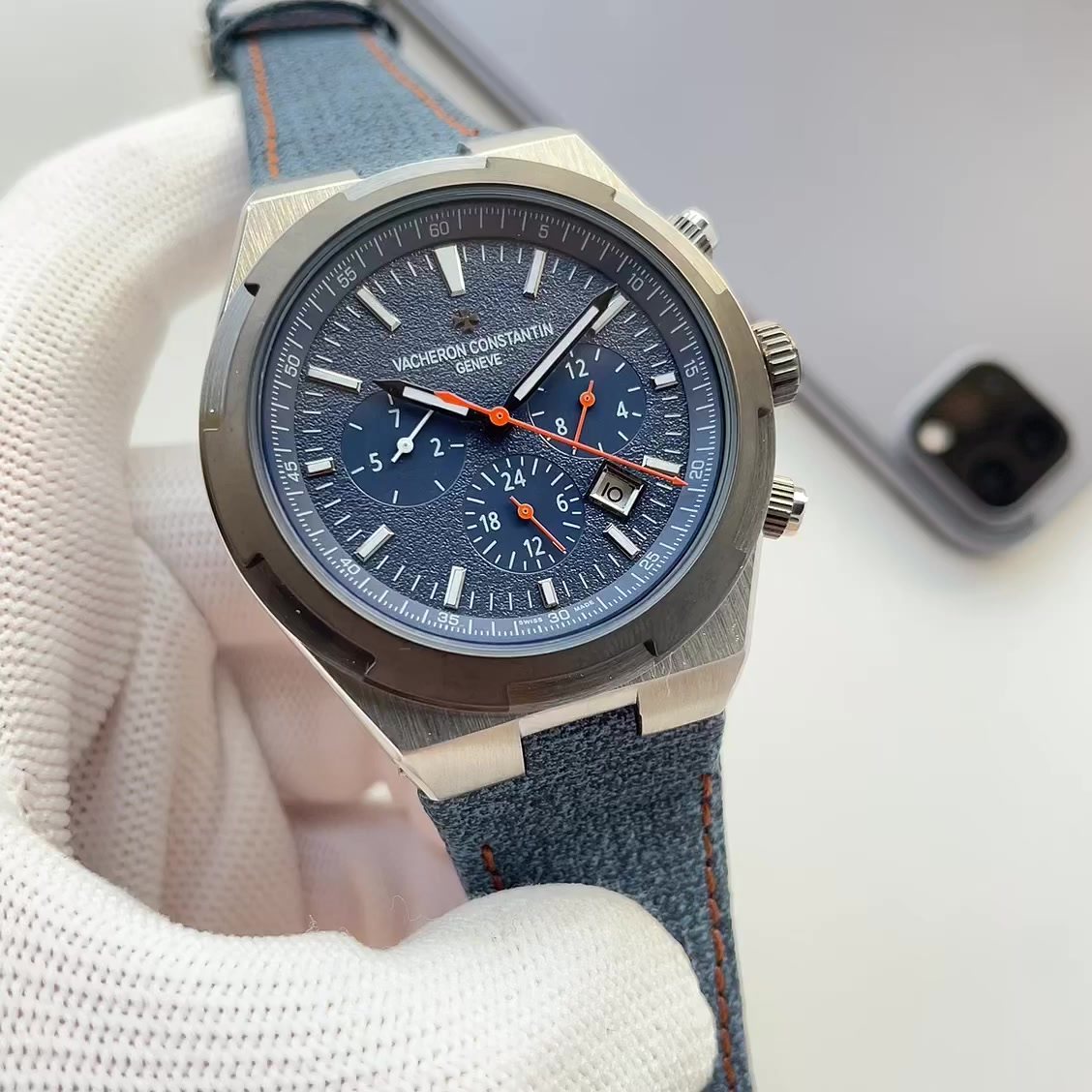 Breitling Blue Fabric Strap Chronograph Watch — front