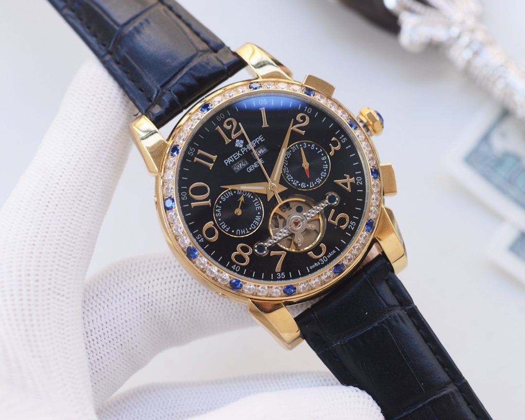 Patek Philippe Gold Blue Black Dial Leather Strap Watch — hero