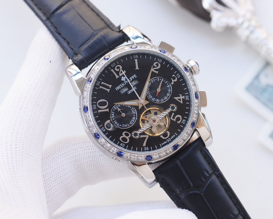 Patek Philippe Silver Blue Black Dial Leather Strap Watch — hero