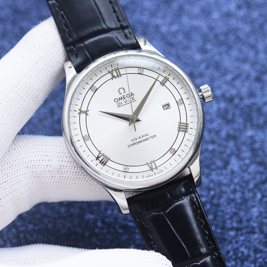 OMEGA Black Silver White Dial Leather Strap Watch — front