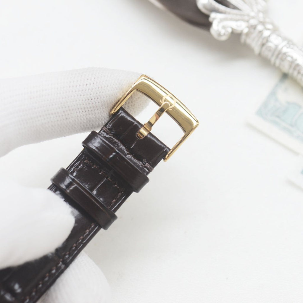 Omega Brown Gold Dial Leather Strap Watch — detail