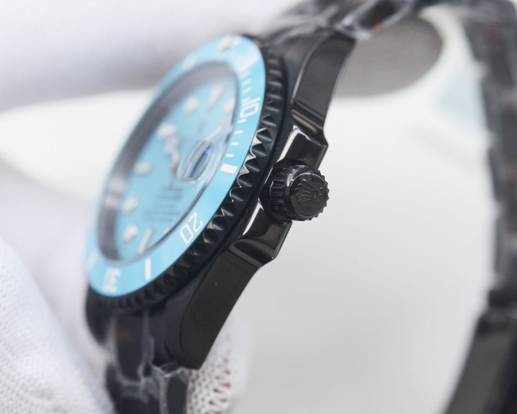 Rolex Turquoise Blue Dial Black Bracelet Watch — side