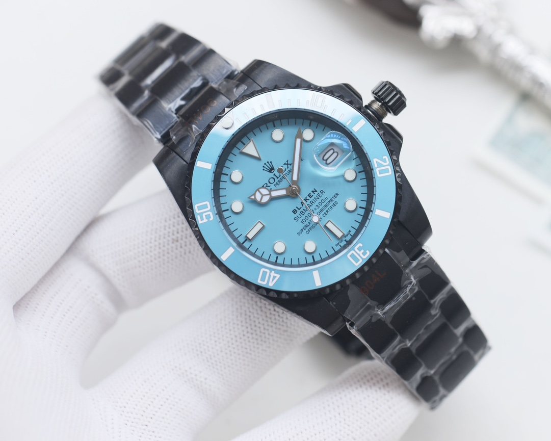 Rolex Turquoise Blue Dial Black Bracelet Watch — front