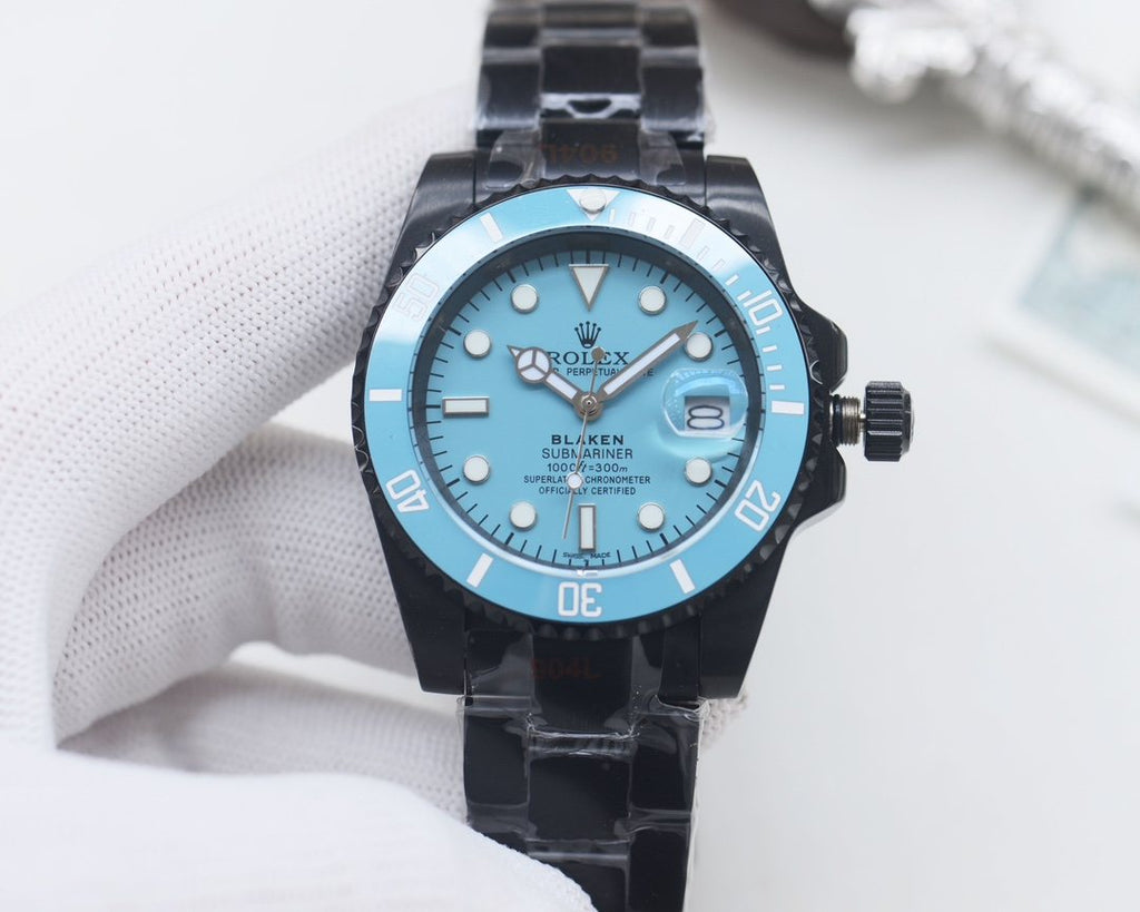 Rolex Turquoise Blue Dial Black Bracelet Watch — front
