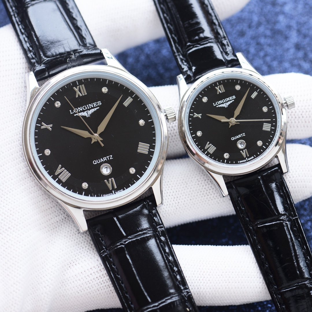 Longines Black Dial Leather Strap Watch — hero