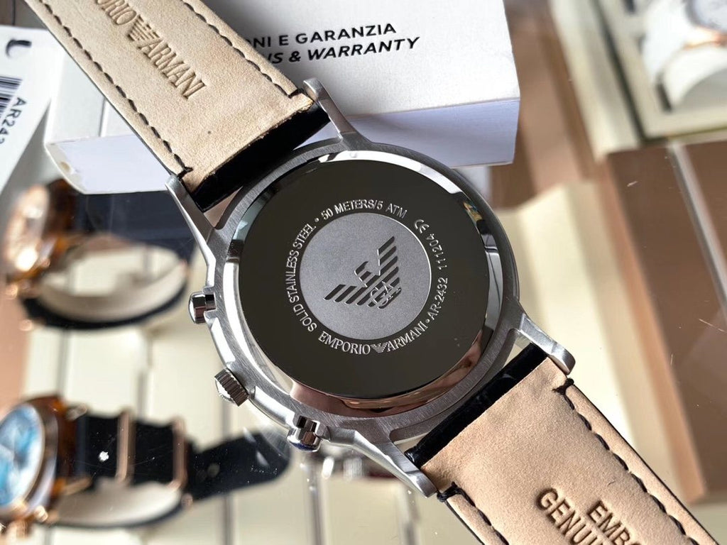 EMPORIO ARMANI Silver Dial Black Leather Strap Watch — detail