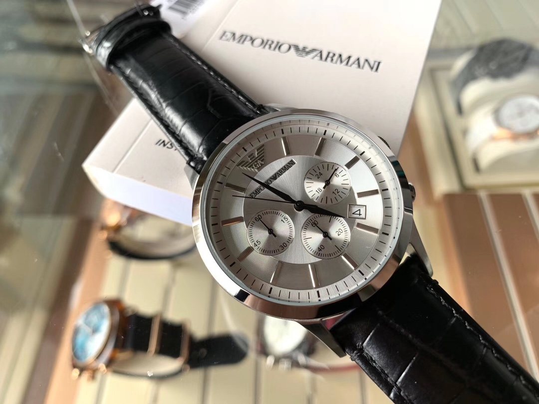 EMPORIO ARMANI Silver Dial Black Leather Strap Watch — front