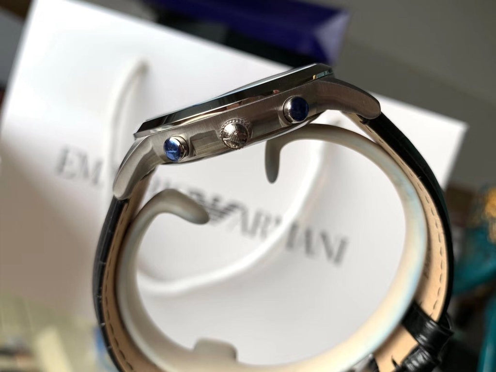 EMPORIO ARMANI Silver Dial Black Leather Strap Watch — side