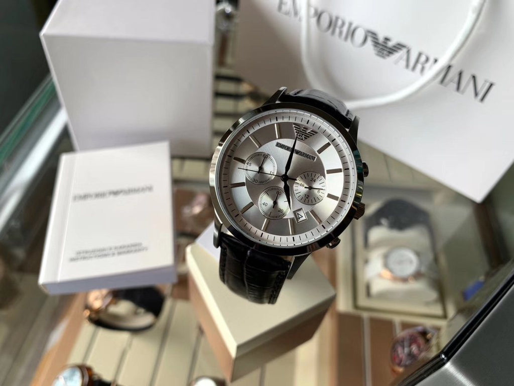 EMPORIO ARMANI Silver Dial Black Leather Strap Watch — front