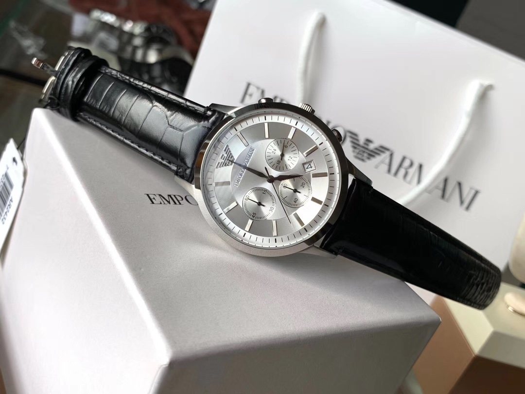 EMPORIO ARMANI Silver Dial Black Leather Strap Watch — front