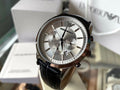 EMPORIO ARMANI Silver Dial Black Leather Strap Watch — hero