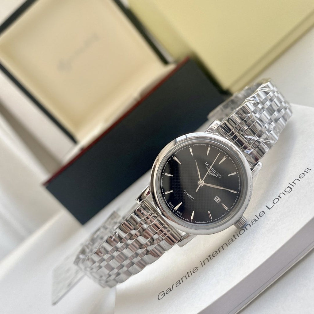 Longines Silver Rose Gold Black Dial Bracelet Couple Watch Set — detail