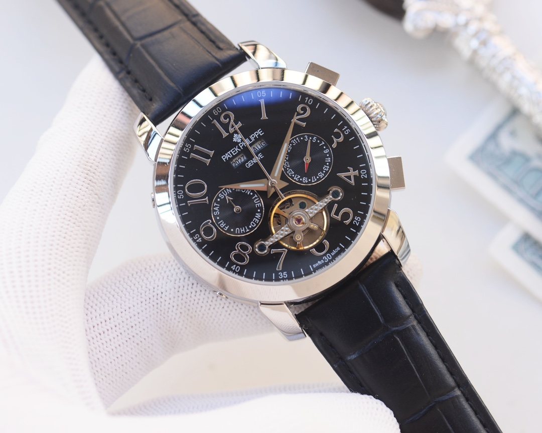 PATEK PHILIPPE Silver Black Dial Strap Watch — hero