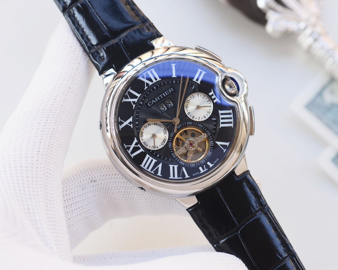 Cartier Silver Black Dial Leather Strap Watch — front