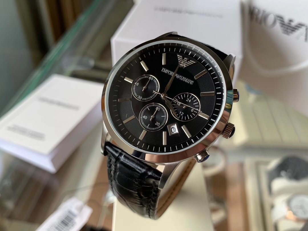 EMPORIO ARMANI Black Dial Leather Strap Watch — front