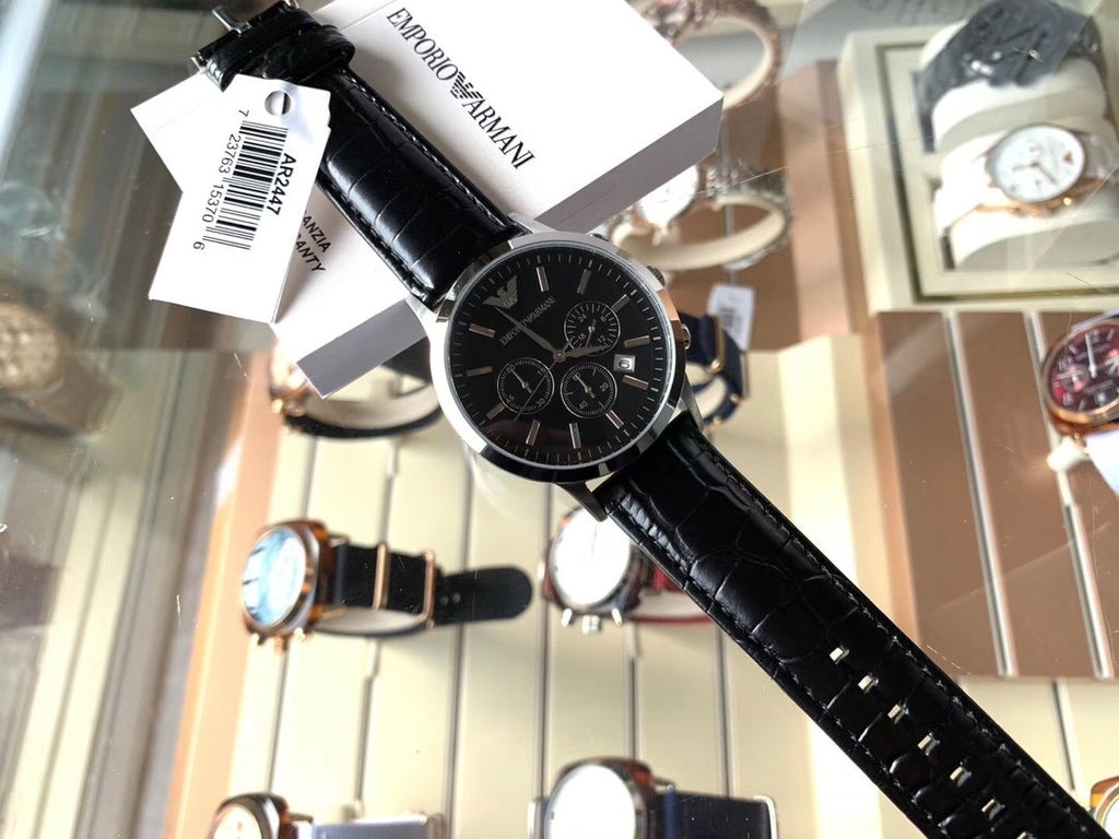 EMPORIO ARMANI Black Dial Leather Strap Watch — front
