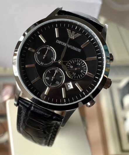 EMPORIO ARMANI Black Dial Leather Strap Watch — front