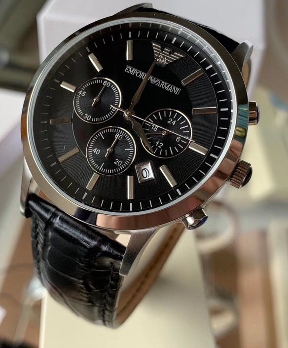 EMPORIO ARMANI Black Dial Leather Strap Watch — hero