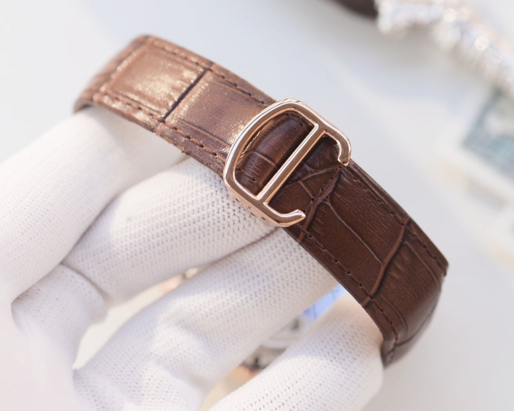 Cartier Rose Gold Brown Strap Watch — detail
