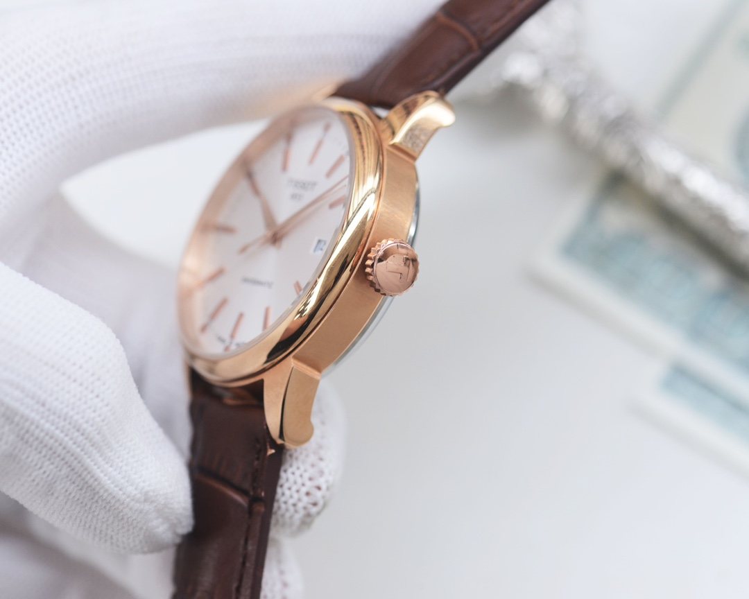 Tissot Rose Gold Brown Black Dial Strap Watch — side