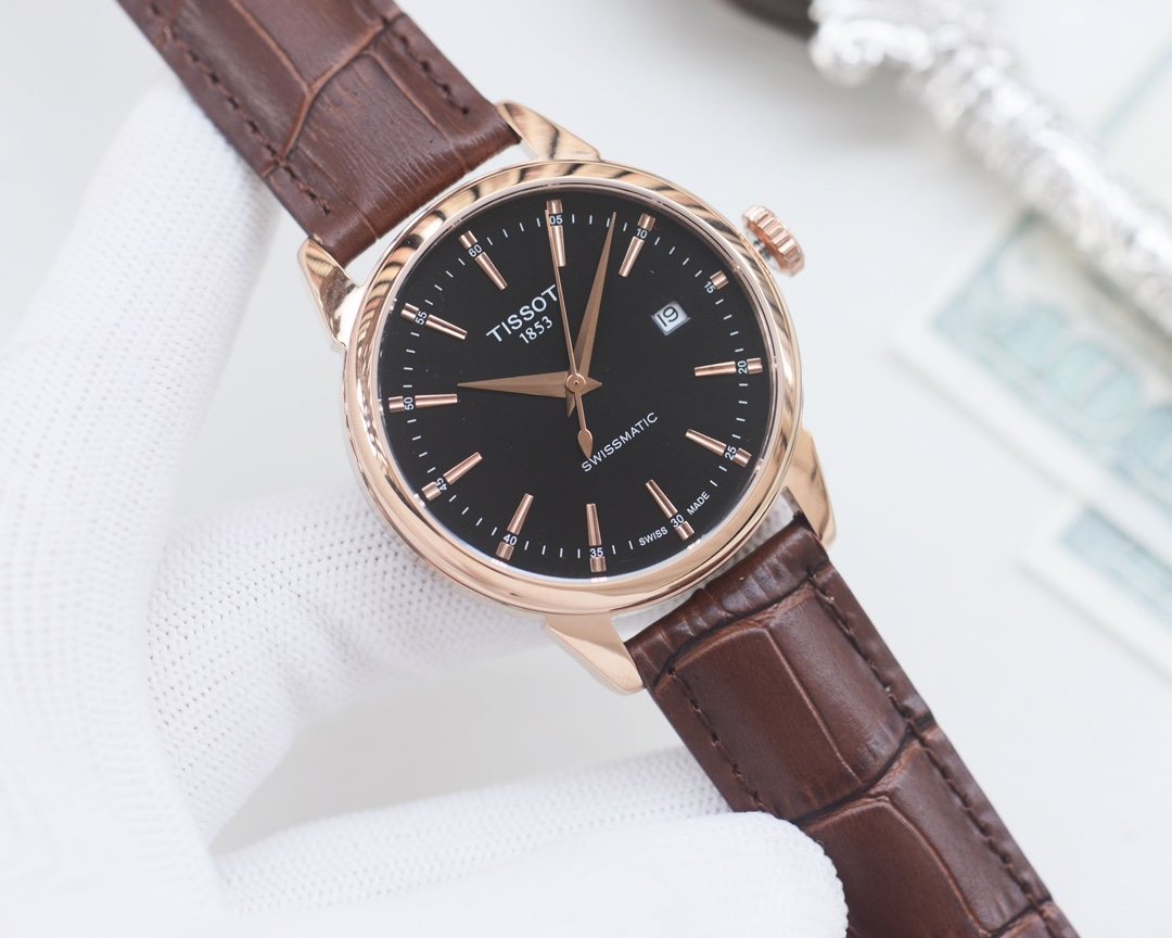 Tissot Rose Gold Brown Black Dial Strap Watch — hero