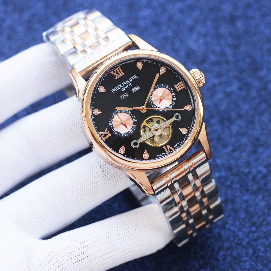 Patek Philippe Rose Gold Two Tone Black Dial Bracelet Watch — hero
