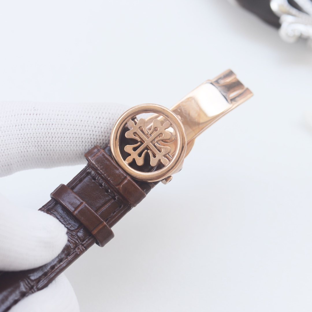 Patek Philippe Brown Rose Gold Leather Strap Watch — detail