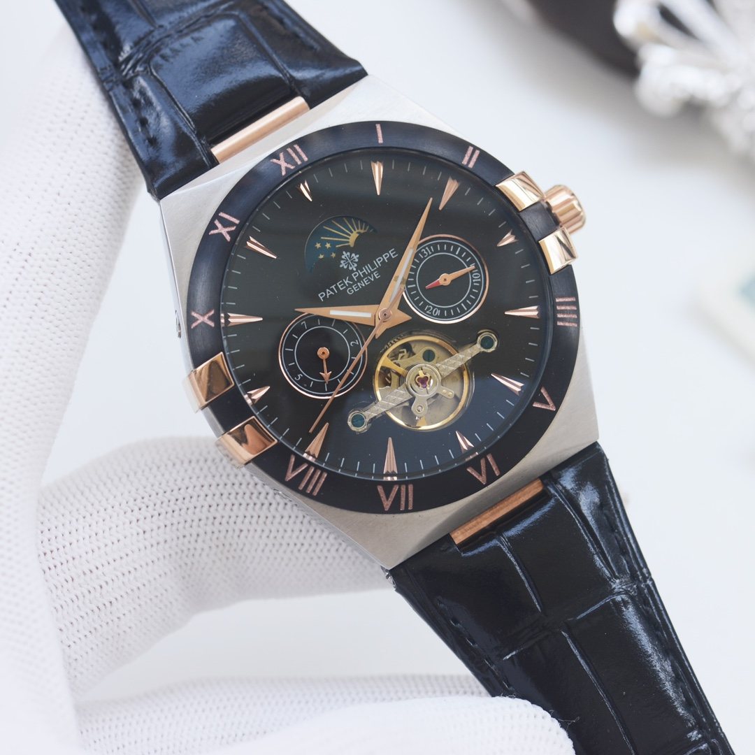 Patek Philippe Blue Rose Gold Black Dial Leather Strap Watch — hero