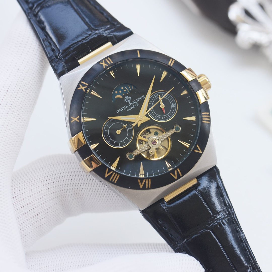 Patek Philippe Blue Gold Black Dial Leather Strap Watch — hero