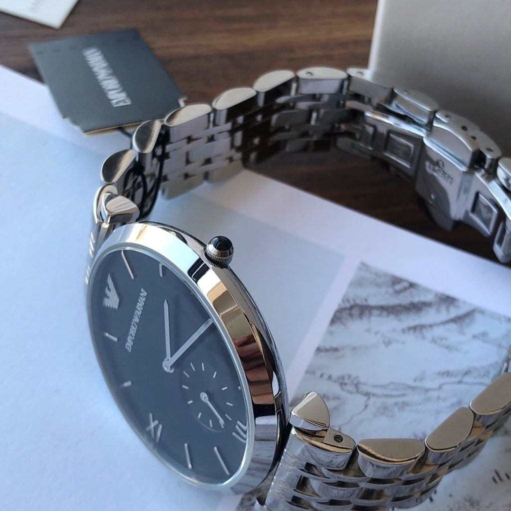 EMPORIO ARMANI Black Dial Metal-Link Watch — side