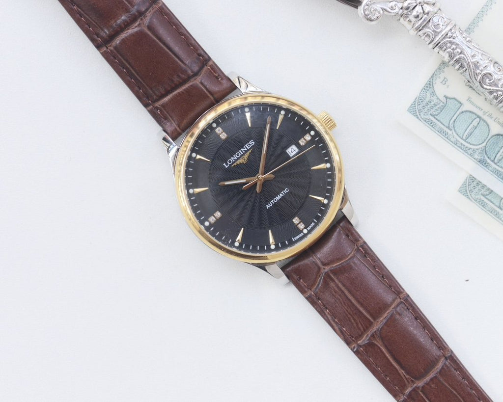 Longines Gold Brown Black Dial Strap Watch — front