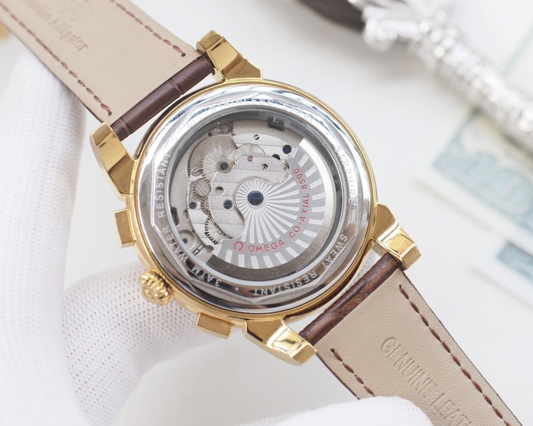 OMEGA Brown Gold Strap Watch — back