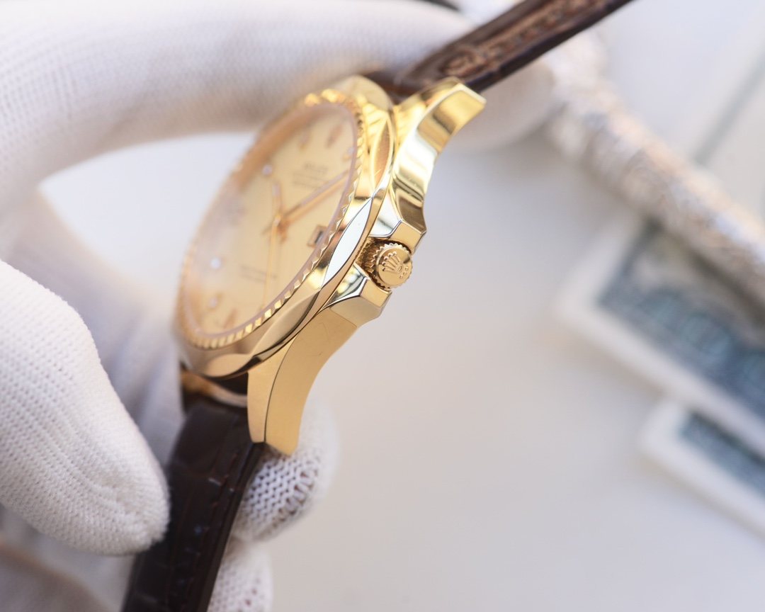 Rolex Gold Brown Strap Watch — side