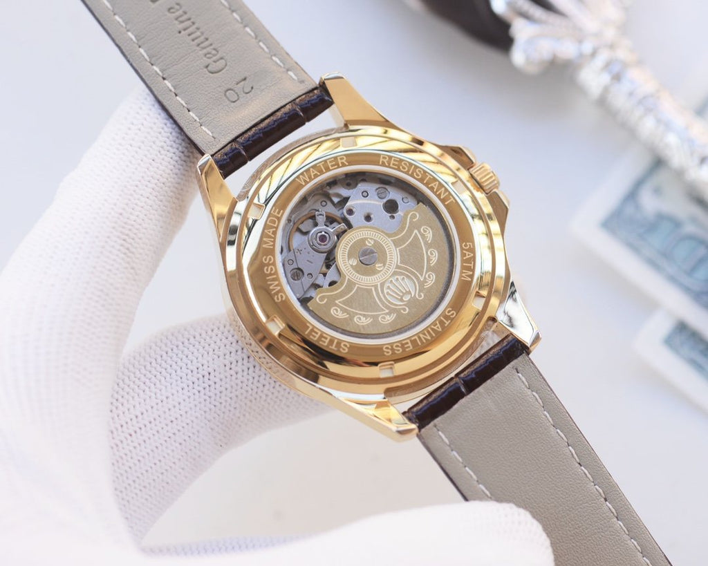 Rolex Gold Brown Strap Watch — back