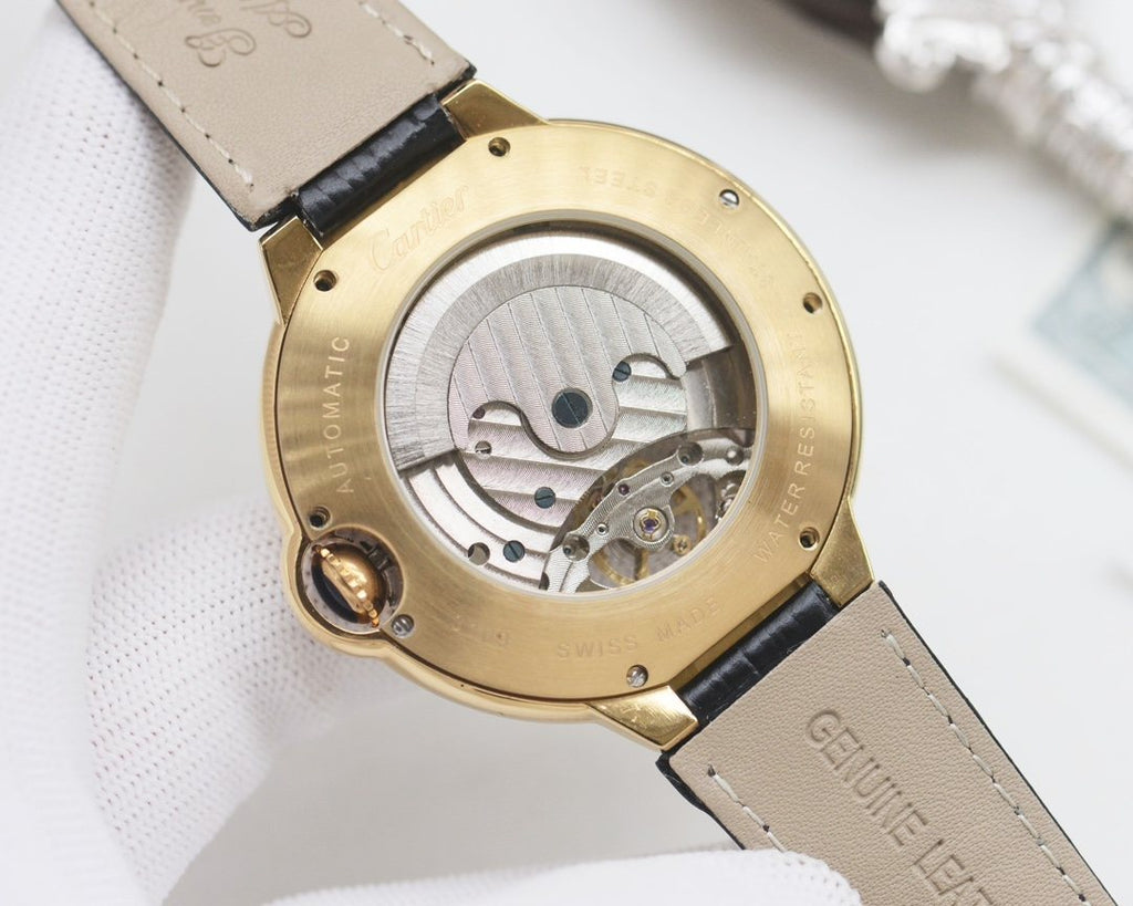 Cartier Gold Black Leather Strap Watch — back
